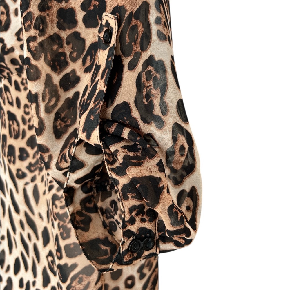 Xtaren Leopard Print Sheer Chiffon Roll Tab Sleeve Tunic Blouse - Picture 5 of 15